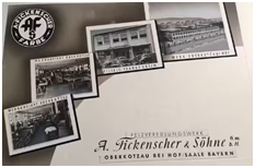 Historische Fotocollage des Pelzveredlungswerks A. Fickenscher & Söhne in Oberkotzau mit Fabrikgebäuden und Produktionsräumen