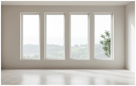 Leerer Innenraum mit mehreren schmalen Fenstern und hellem Boden