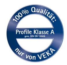 Qualitätssiegel mit der Aufschrift '100 % Qualität - Profile Klasse A gem. DIN EN 12608- nur von VEKA'