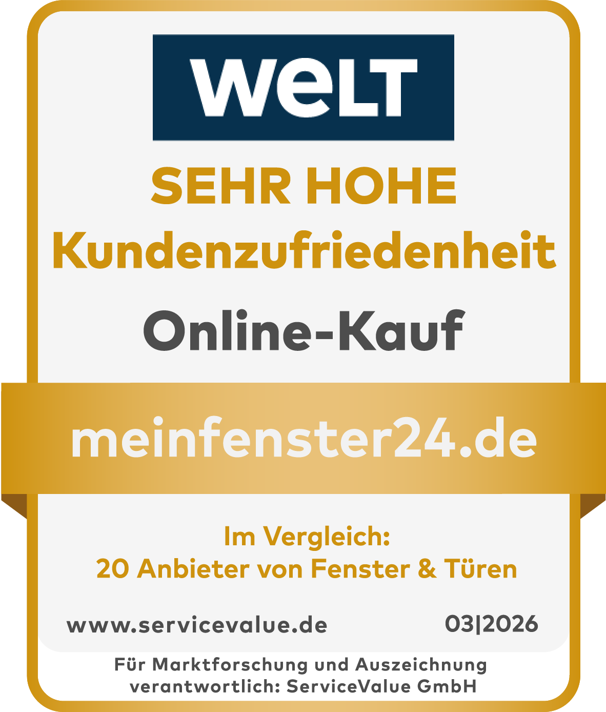 Siegel für die Sehr Hohe Kundenzufriedenheit-Auszeichnung der WELT für meinfenster24.de